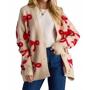 NEW PANACHE APPAREL bow cardigan in tan red